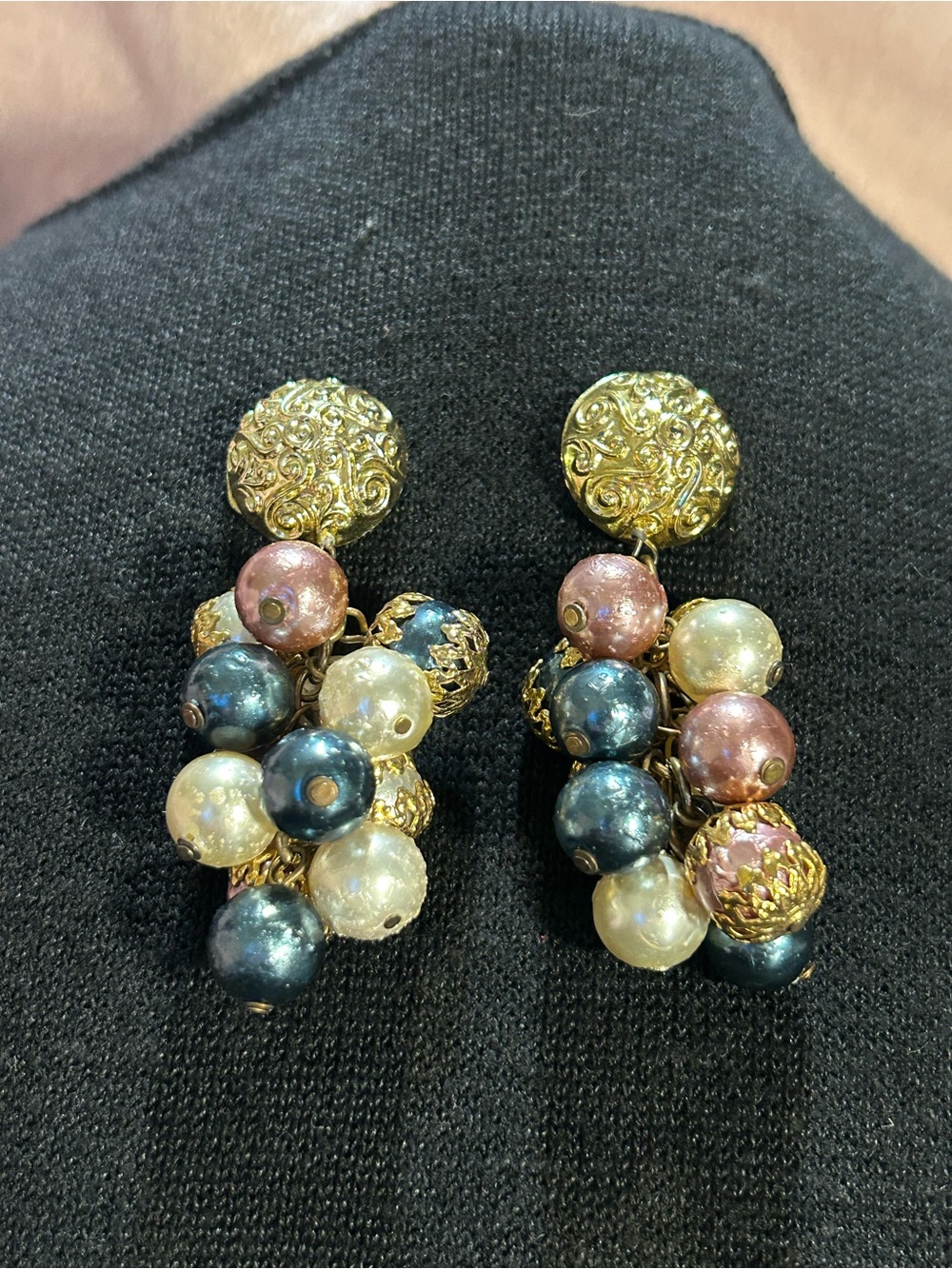 Vintage, fun and funky!! Gold Cluster Drop Earrings with Multicolor Pearls